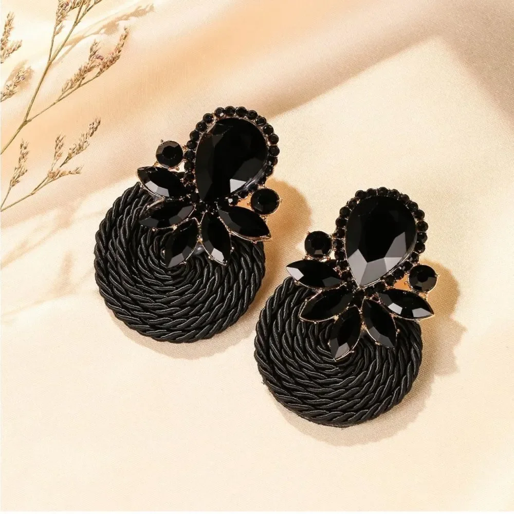 Yellow Gold and Black Onyx Crystal Floral Cluster Rattan Post Statement Earrings